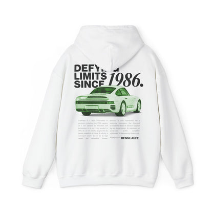 Porsche 959 Green, White Hoodie, 1986, halftone hooded hoodie